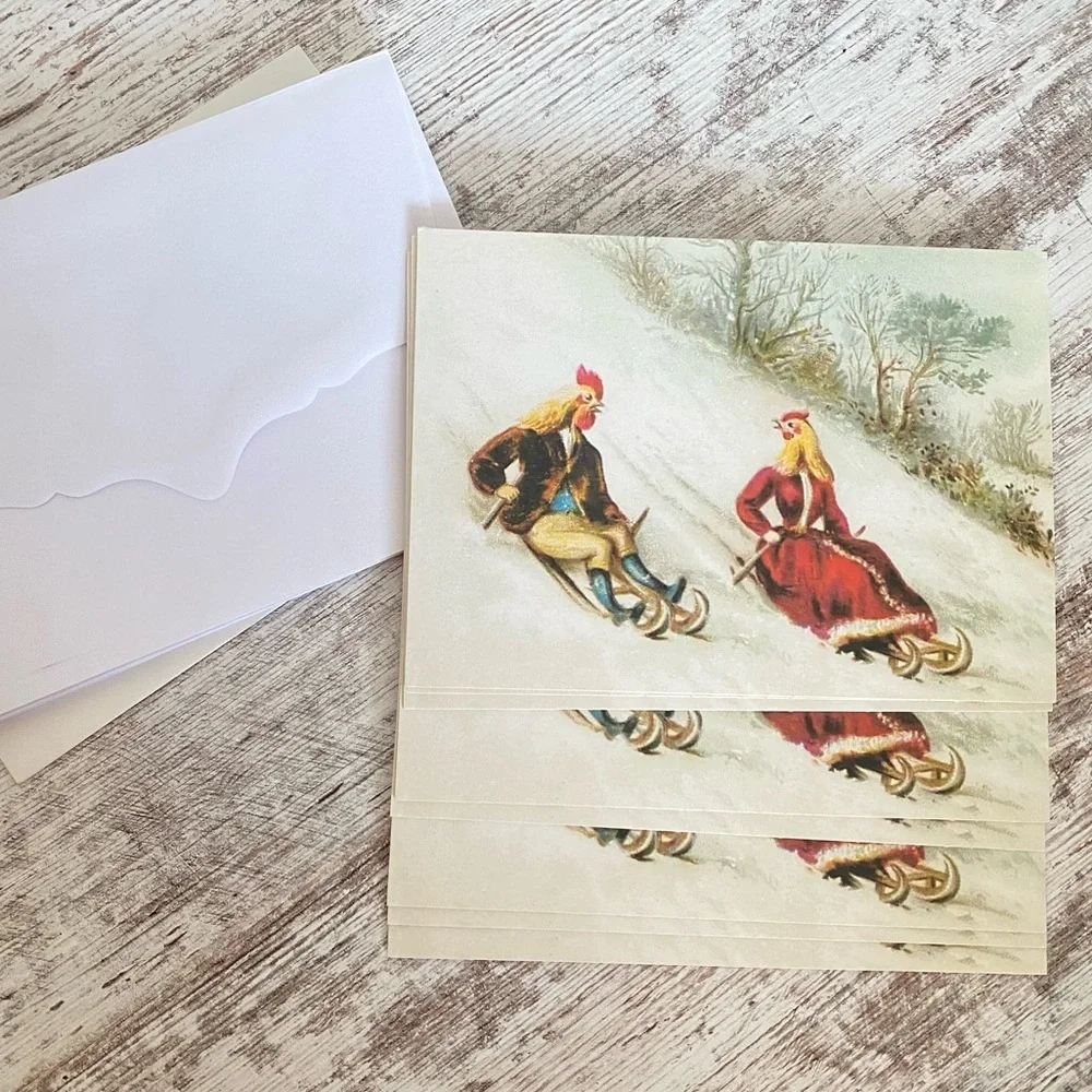 5 for $15 - 8 Victorian Vintage Christmas Cards - Chickens Sledding - Picture 1 of 3